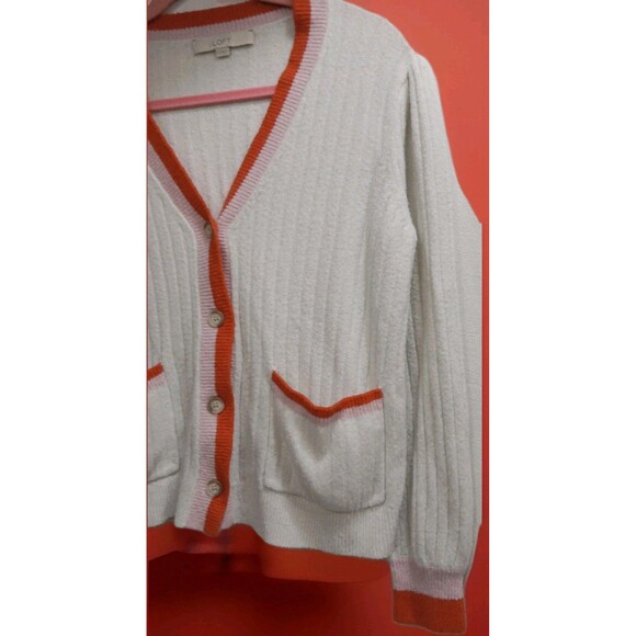 Y2K Preppy Cardigan Sweater LOFT Women’s L White Red Trim Ribbed Knit - Picture 3 of 7